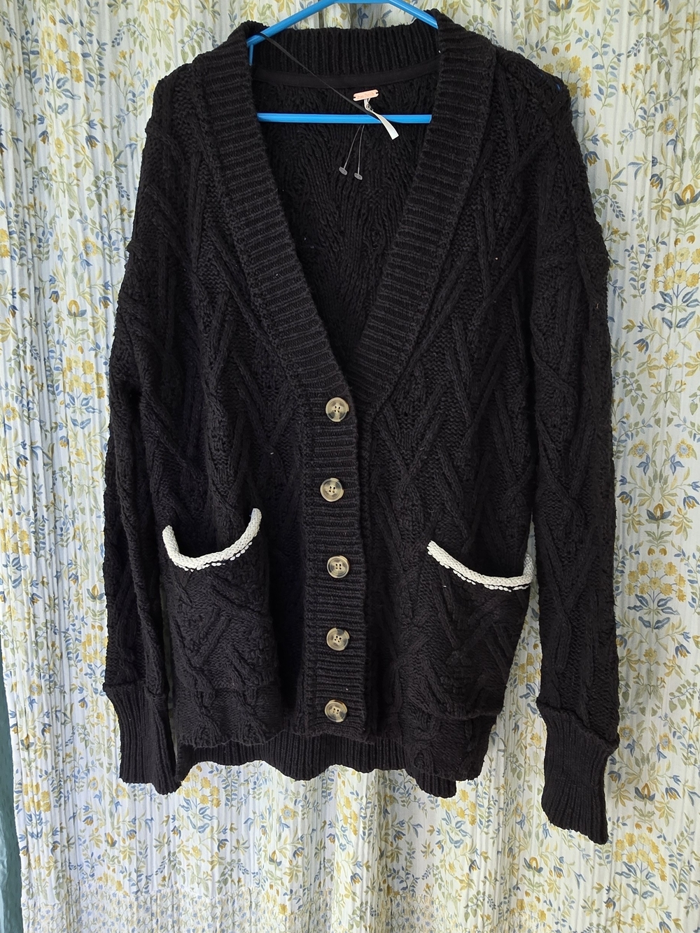 Free People Black Cable Knit Oversized Button Cardigan Sweater